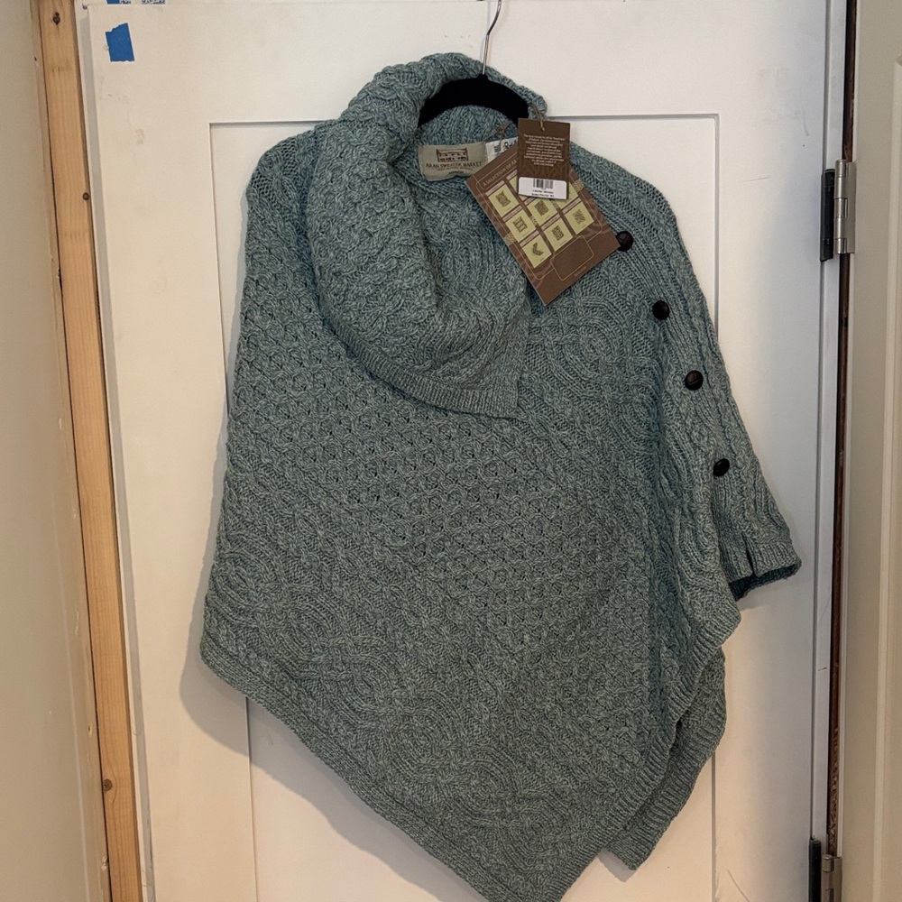 Aran Sweater Market Teal Cable Knit Poncho